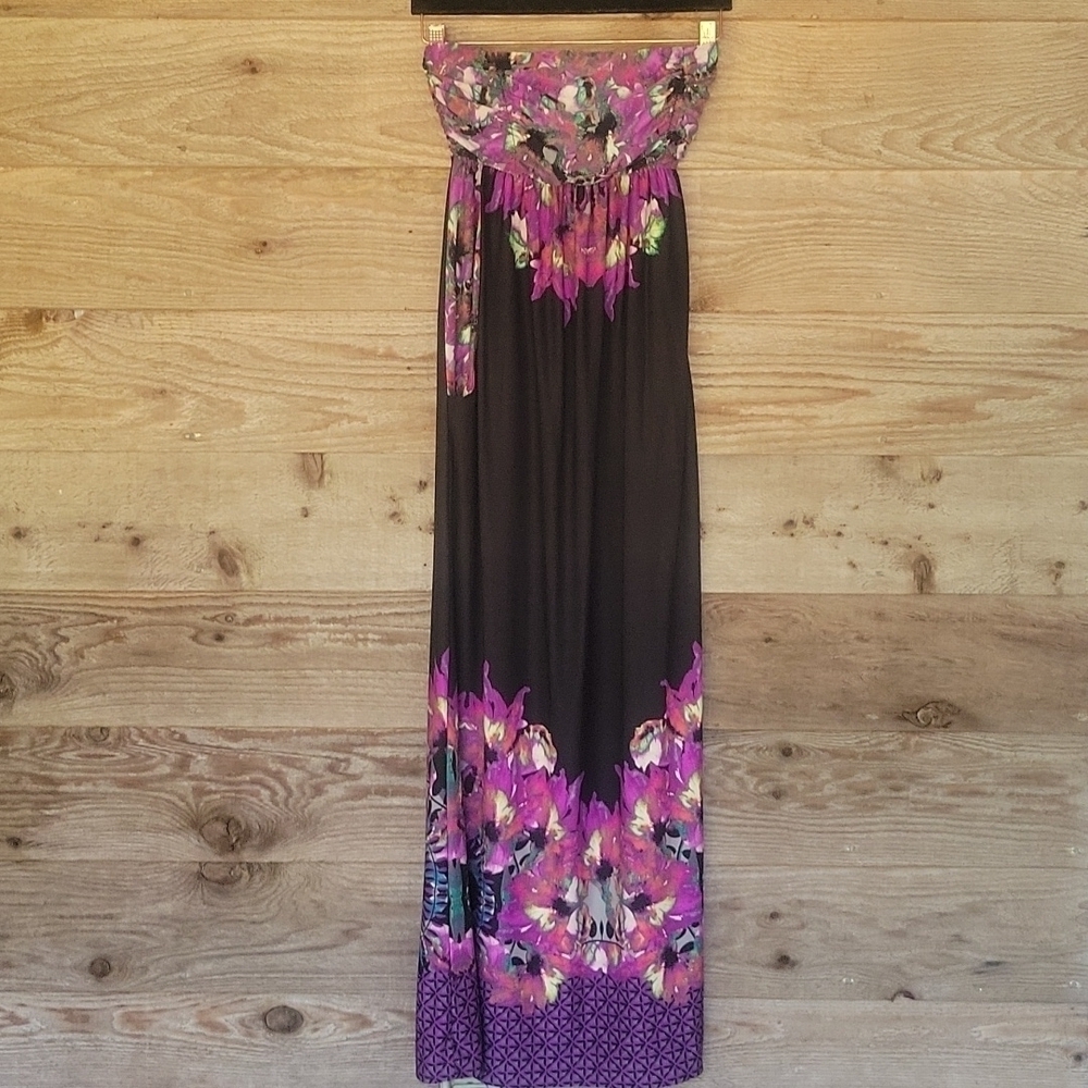 Soma Strapless Dress Black with Purple Floral Print Size Xsmall